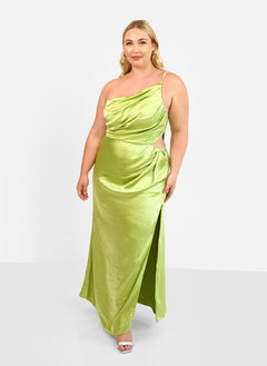 Emma Satin One Shoulder Maxi Dress - Chartreuse