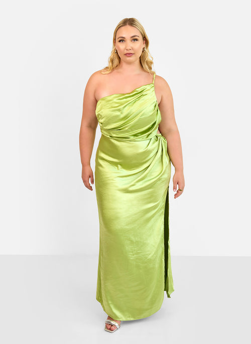 Emma Satin One Shoulder Maxi Dress - Chartreuse