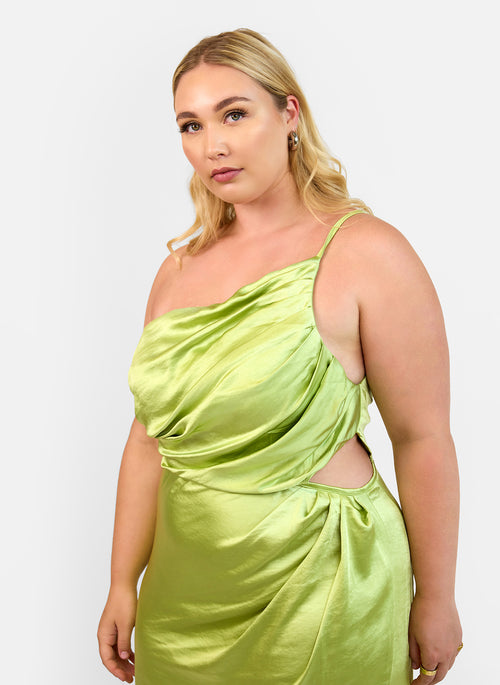 Emma Satin One Shoulder Maxi Dress - Chartreuse