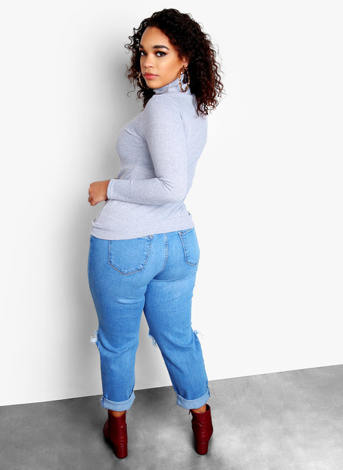 Endless Layers Ribbed Turtleneck Long Sleeve Top - Gray