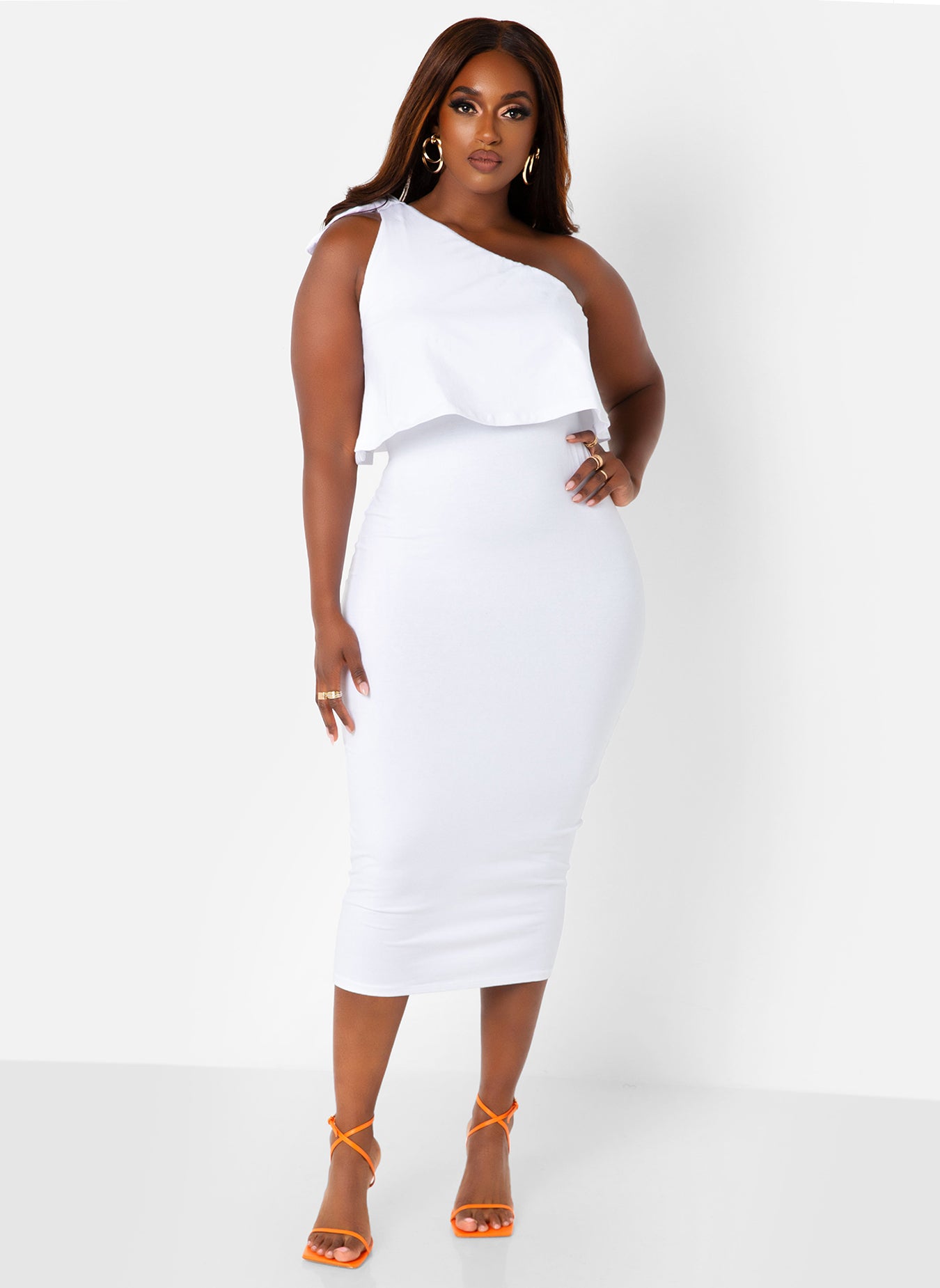 Essence Ruffle Midi Bodycon Dress - White