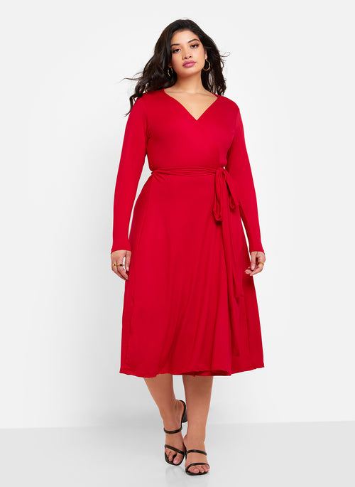 Essential Long Sleeve Midi Wrap Dress