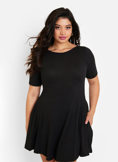 Essential Boat Neck Mini Skater Dress - Black