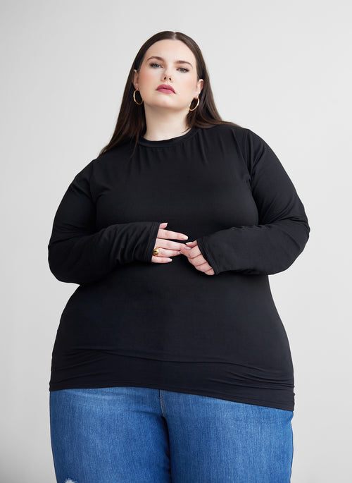 Essential Crew Neck Full Length  Top - Black