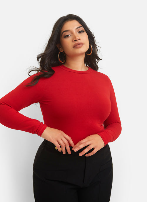 Essential Long Sleeve Crew Neck Top - Red