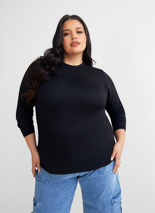 Essential Crew Neck Full Length  Top - Black