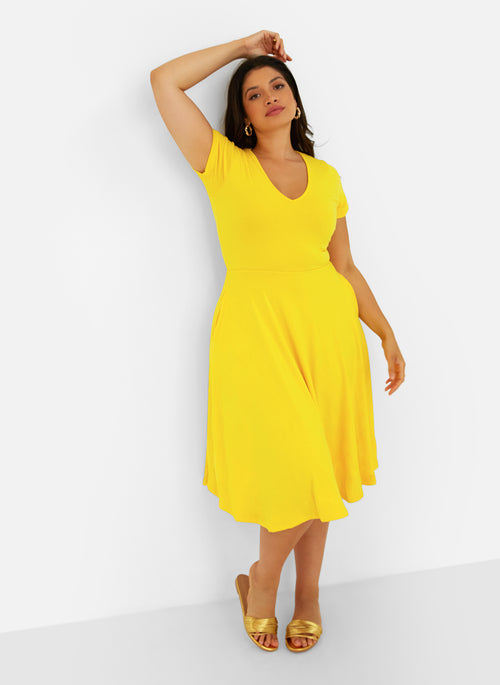 Essential V-Neck Midi Skater Dress - Yellow