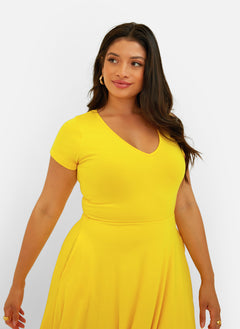 Essential V-Neck Midi Skater Dress - Yellow