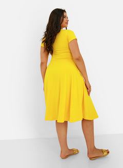 Essential V-Neck Midi Skater Dress - Yellow