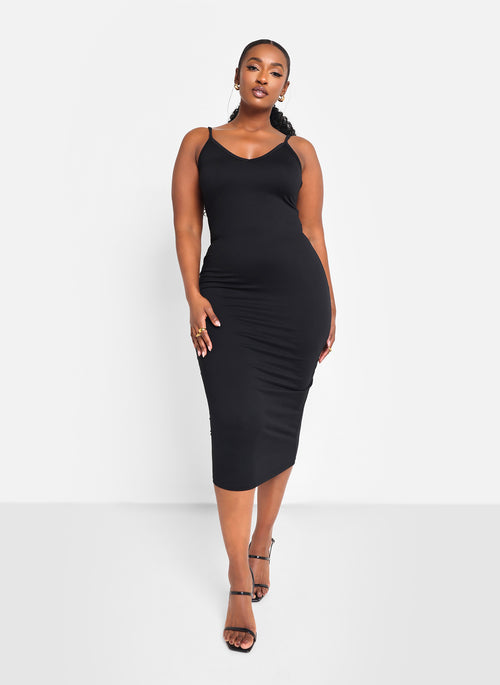 Essential V Neck Midi Bodycon Dress - Black