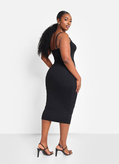 Essential V Neck Midi Bodycon Dress - Black