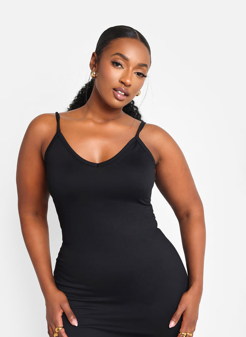 Essential V Neck Midi Bodycon Dress - Black