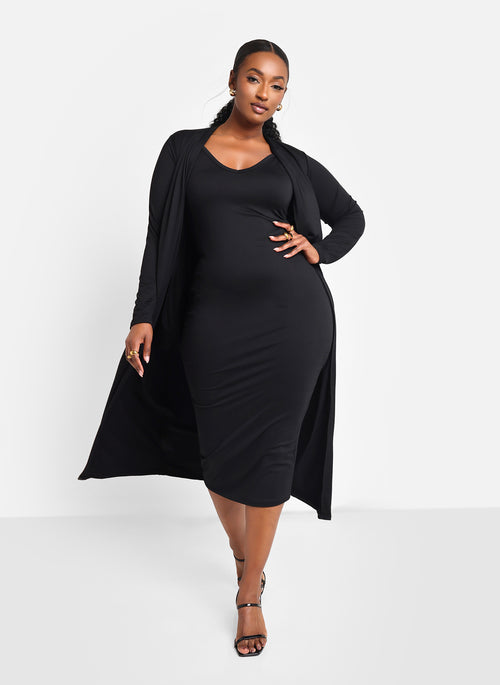 Essential V Neck Midi Bodycon Dress - Black