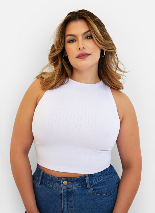 Essential Ribbed High Neck Crop Top - White