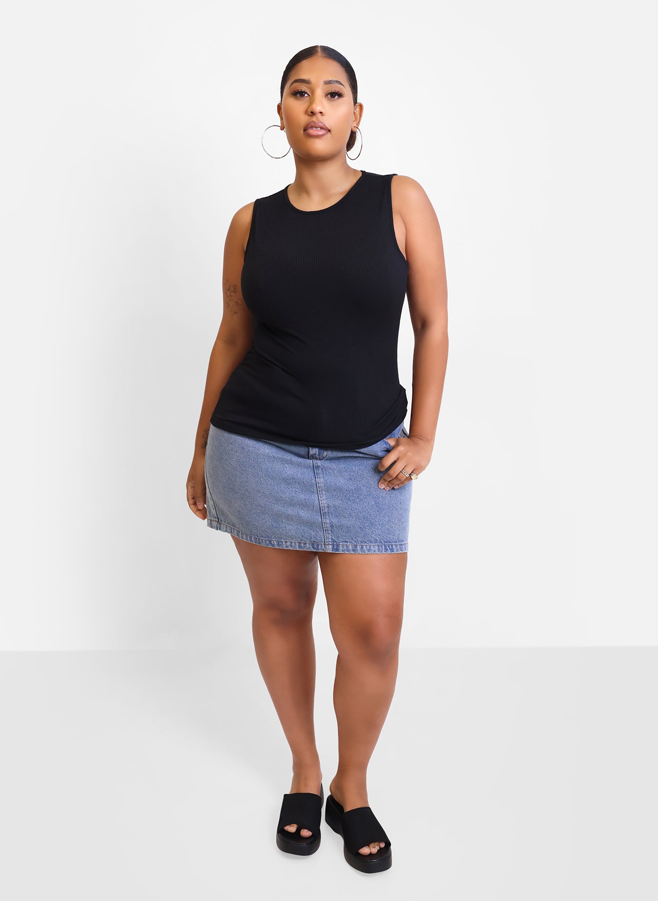 Essential Ribbed High Neck Tank Top - Black