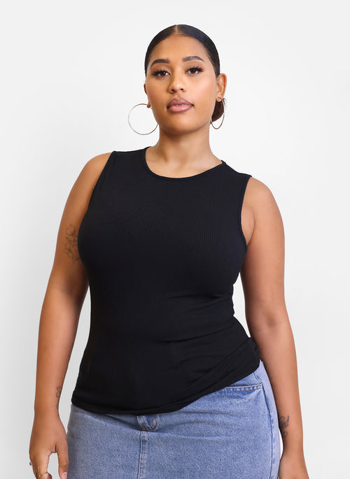 Essential Ribbed High Neck Tank Top - Black