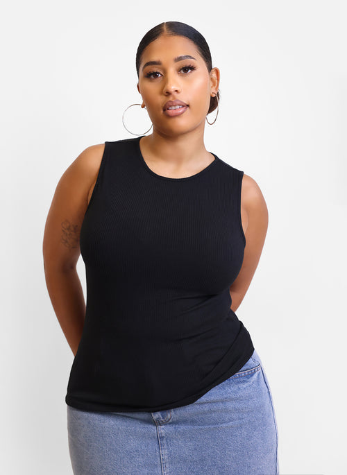 Essential Ribbed High Neck Tank Top - Black