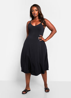 Essential V Neck Strappy Midi Skater Dress - Black