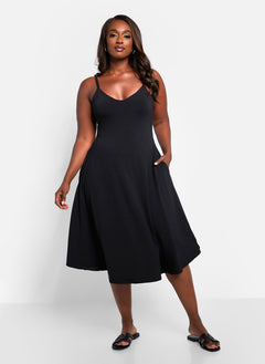 Essential V Neck Strappy Midi Skater Dress - Black