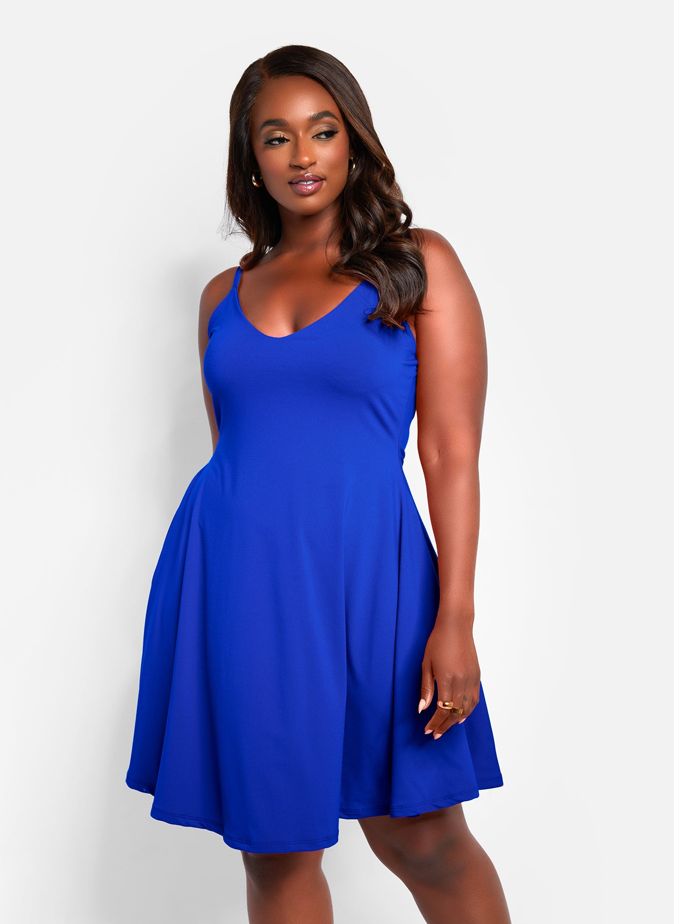 Essential V Neck Strappy Mini Skater Dress - Royal Blue