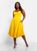 Essential V Neck Strappy Midi Skater Dress - Yellow