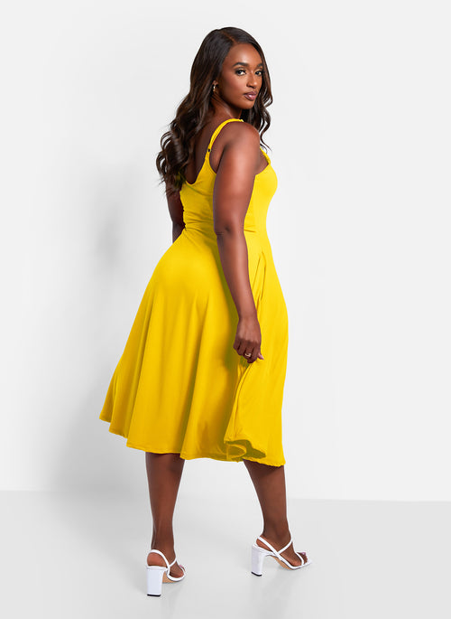 Essential V Neck Strappy Midi Skater Dress - Yellow