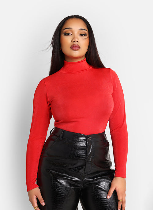 Essential Slinky Mock Neck Bodysuit - Red