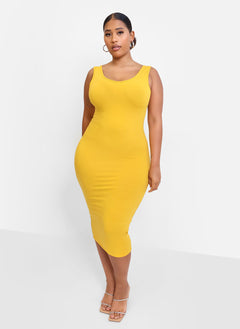 Essential Cotton Tank Bodycon Midi  Dress - Mustard