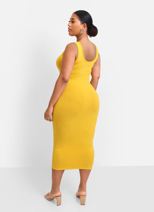 Essential Cotton Tank Bodycon Midi  Dress - Mustard