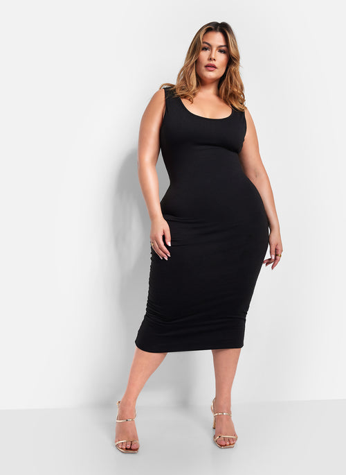 Essential Cotton Tank Bodycon Midi Dress - Black