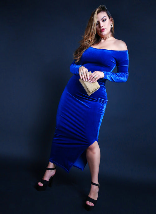 Steal Your Date Velvet Over The Shoulder Bodycon Maxi Dress