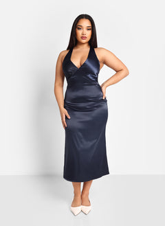 Freya Satin Halter Criss Cross Back Midi Shift Dress - Indigo