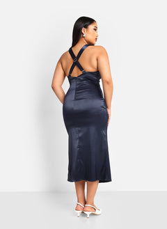 Freya Satin Halter Criss Cross Back Midi Shift Dress - Indigo