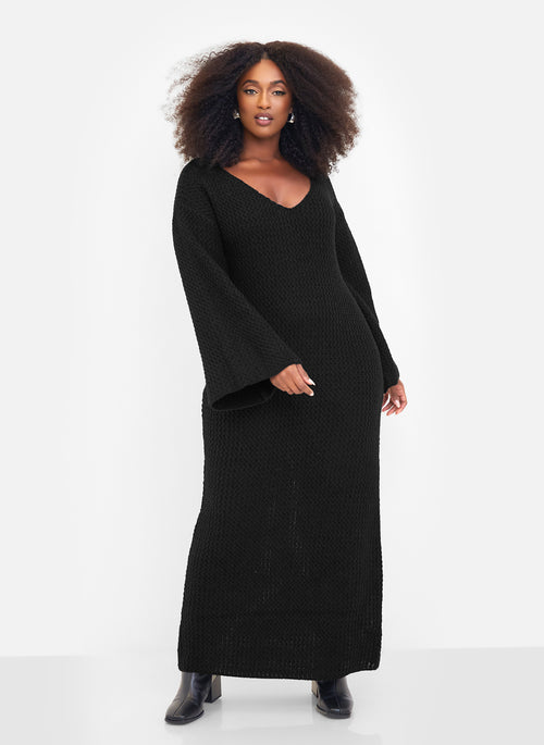 Galina Knit Off Shoulder Maxi Oversized Dress - Black