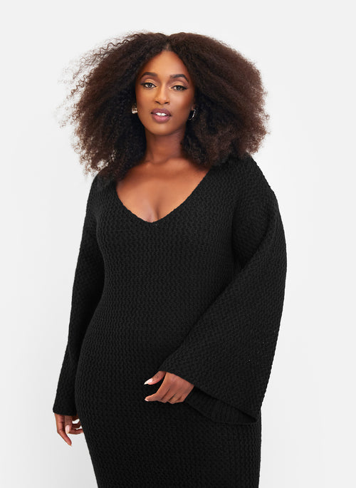 Galina Knit Off Shoulder Maxi Oversized Dress - Black