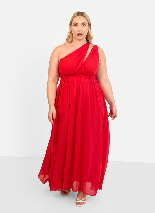 Georgia Chiffon One Shoulder Maxi A Line Dress - Red