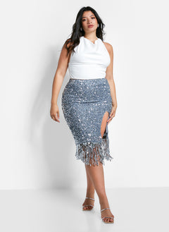 Glimmer Sequin Fringe Midi Bodycon Skirt