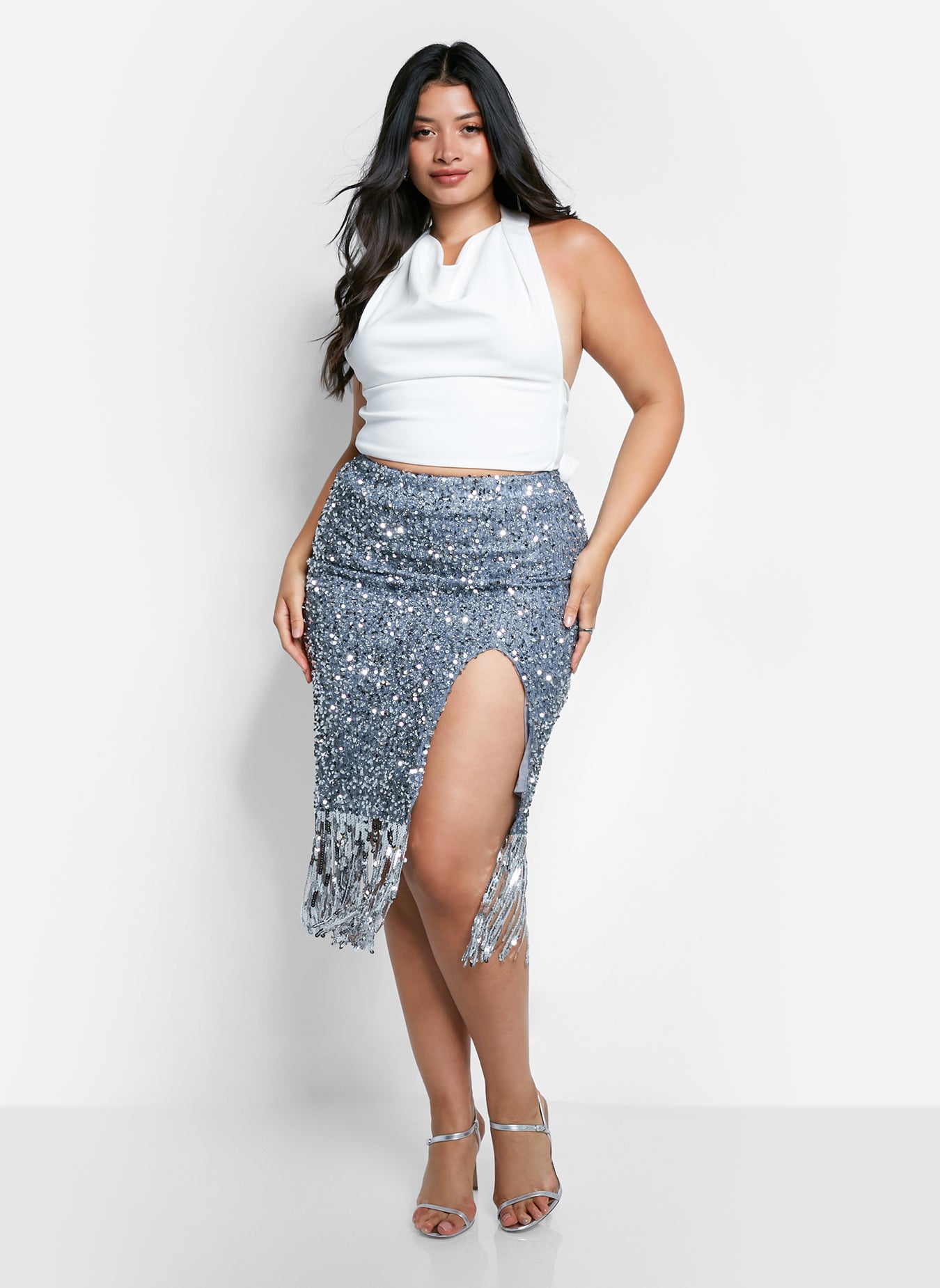 Glimmer Sequin Fringe Midi Bodycon Skirt