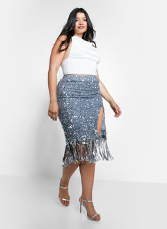 Glimmer Sequin Fringe Midi Bodycon Skirt