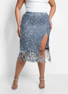 Glimmer Sequin Fringe Midi Bodycon Skirt