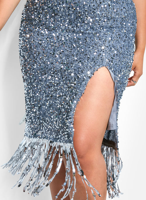 Glimmer Sequin Fringe Midi Bodycon Skirt