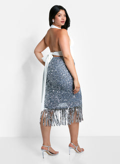 Glimmer Sequin Fringe Midi Bodycon Skirt