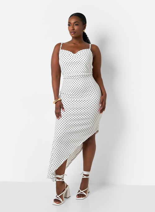 Gloria Polka Dot Cowl Neck Midi Bodycon Dress - White & Black