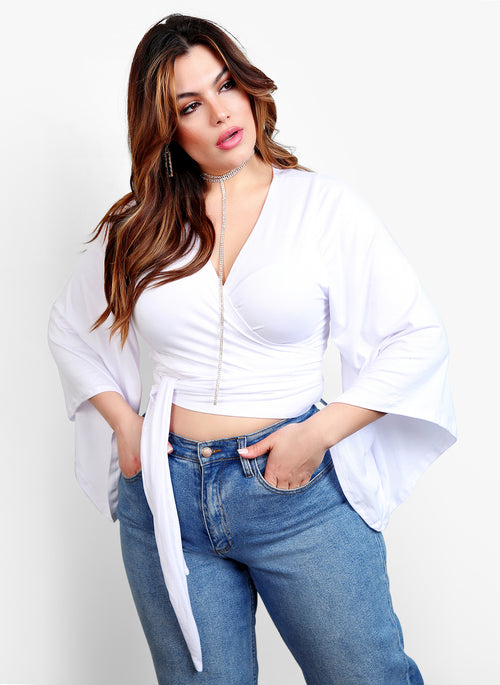 Go On Kimono Sleeve Wrap Around Tie Front Crop Top - White
