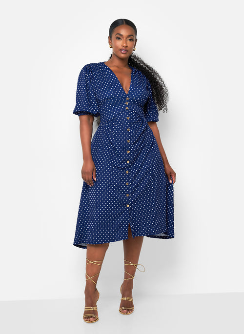 Hannah Polka Dot Button Front Midi A Line Dress - Navy & White