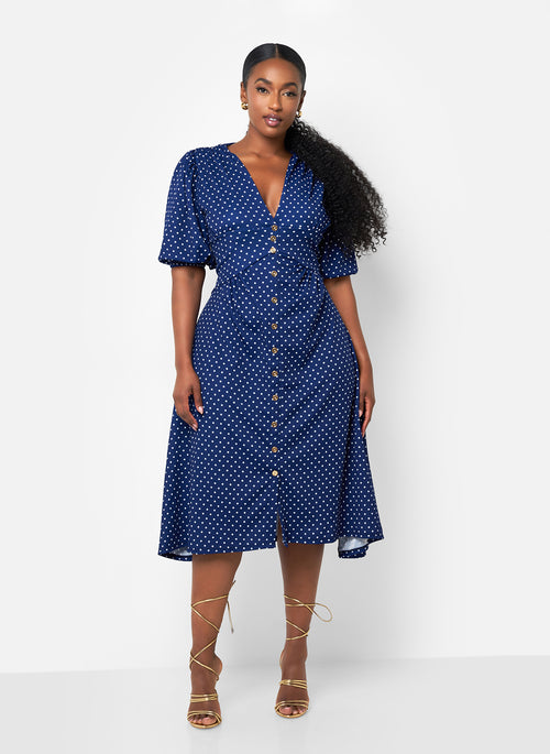 Hannah Polka Dot Button Front Midi A Line Dress - Navy & White