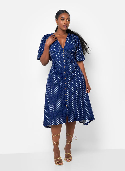 Hannah Polka Dot Button Front Midi A Line Dress - Navy & White