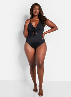 Happy Hour Tie Front Keyhole Swimsuit - Black