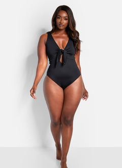 Happy Hour Tie Front Keyhole Swimsuit - Black