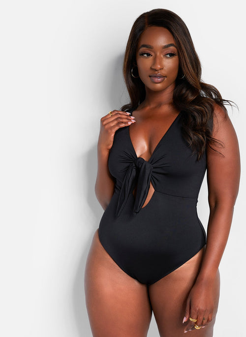 Happy Hour Tie Front Keyhole Swimsuit - Black